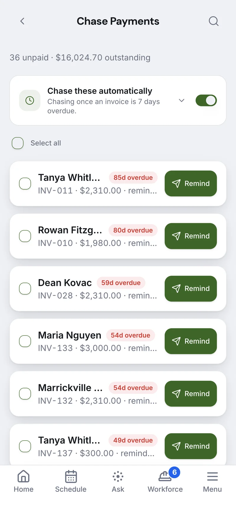Chase Payments on a phone: chase these automatically once an invoice is 7 days overdue, and each overdue invoice with a Remind button