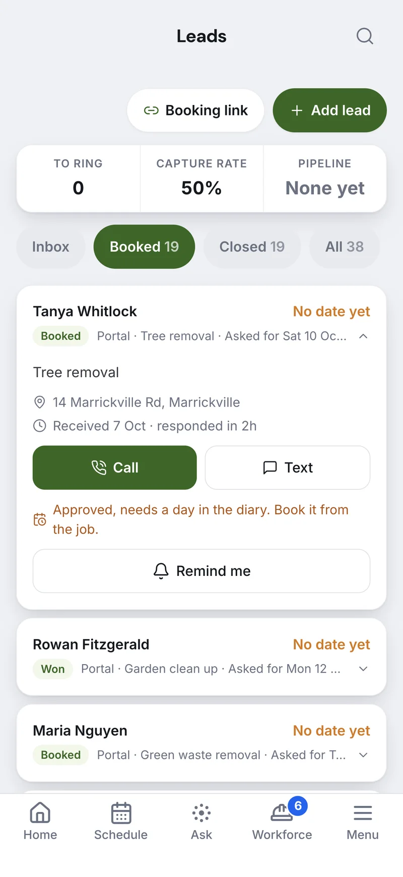 Leads on a phone: the booking link, the capture rate, and a booked enquiry from Tanya Whitlock for tree removal with Call and Text buttons and a note that it needs a day in the diary