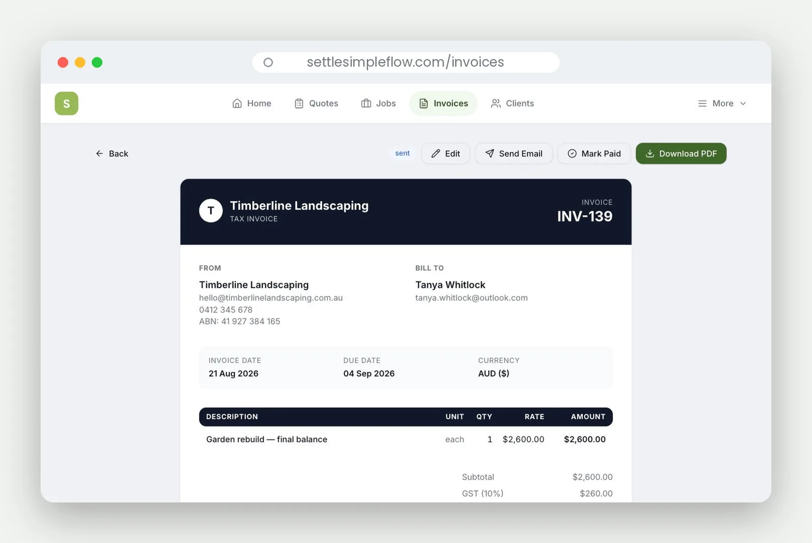 A Settle tax invoice in a browser with every line, GST and the total due readable
