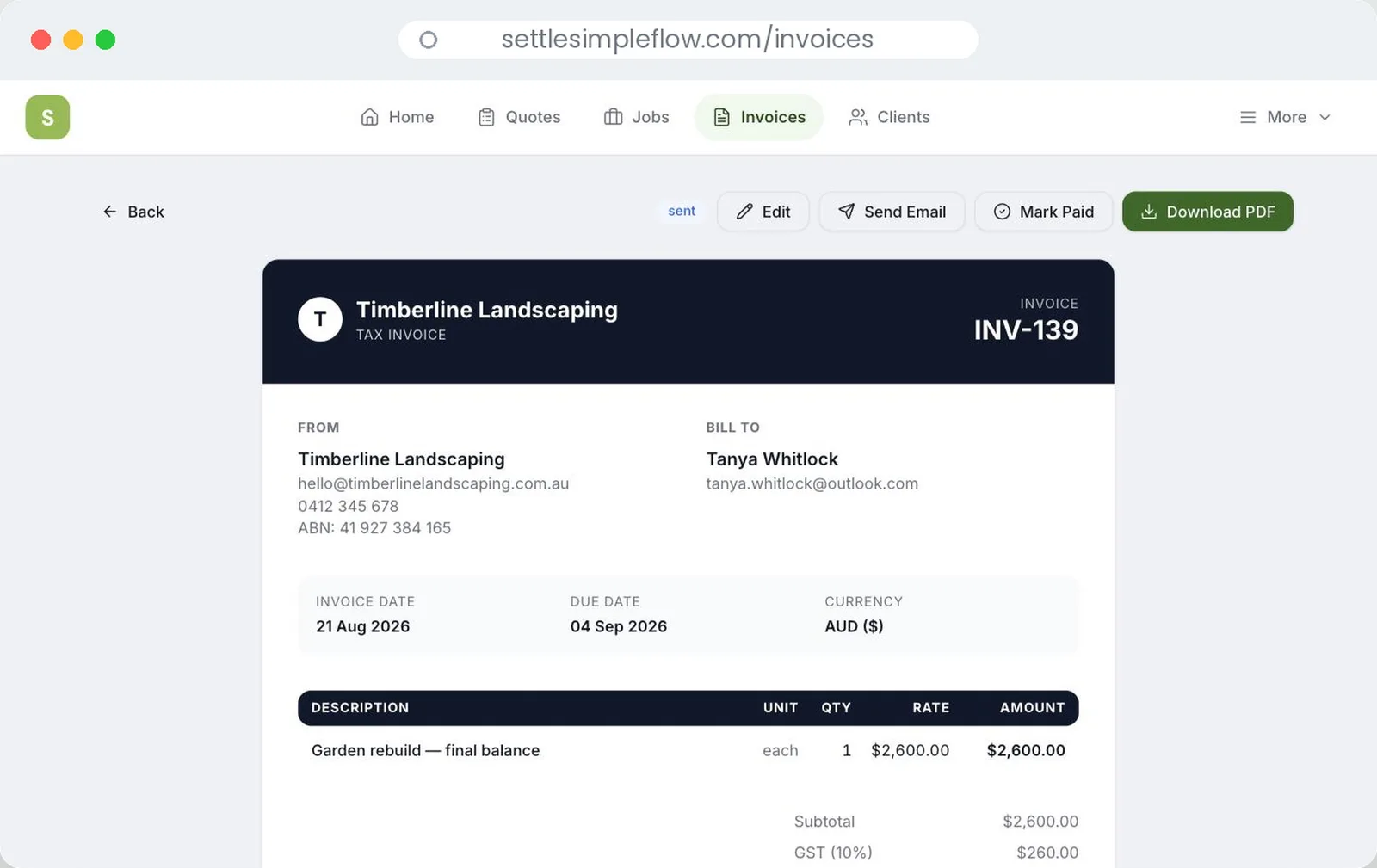 A Settle tax invoice in a browser with every line, GST and the total due readable