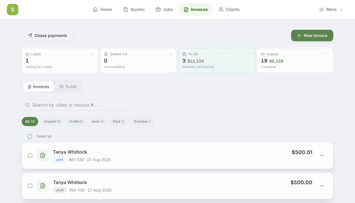 Settle open in a browser: money tiles for leads, quotes out, to bill and unpaid, then the invoice list with each one marked sent, draft, overdue or paid