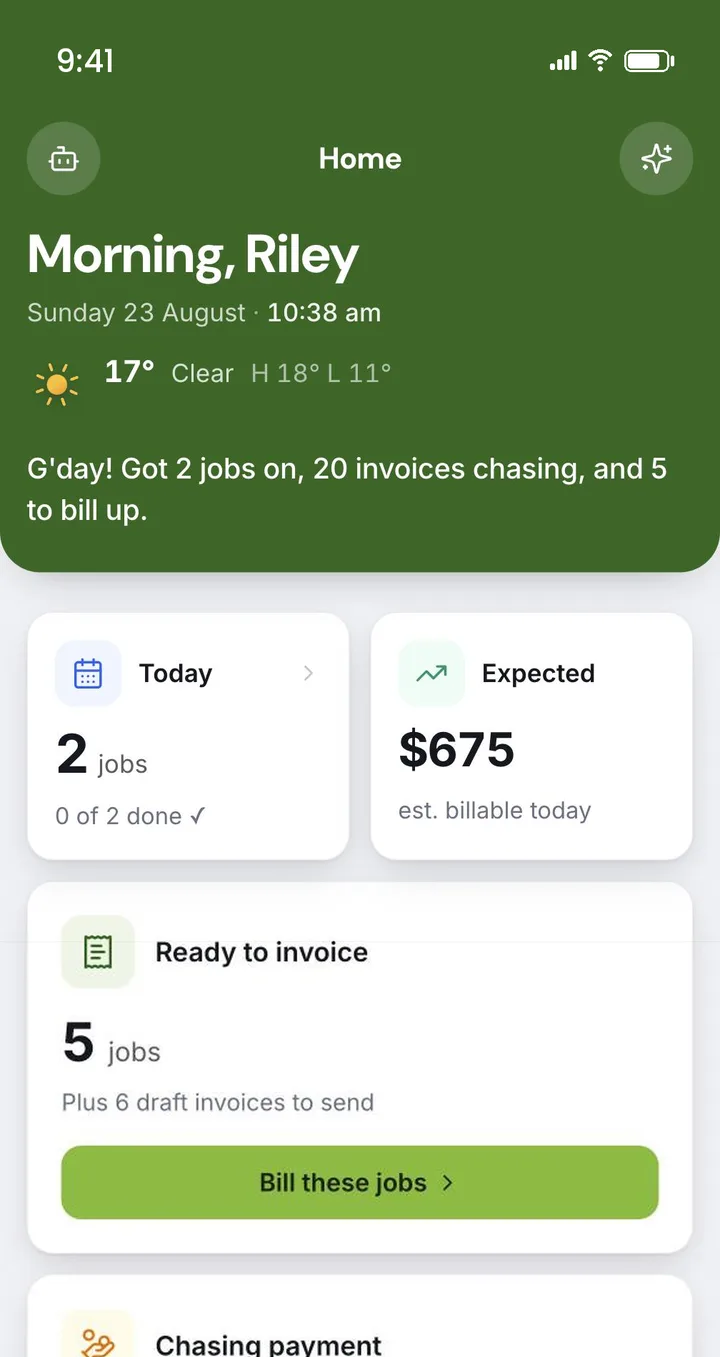 The Settle home screen on a phone: a morning greeting, two jobs booked today, five finished jobs ready to invoice with a Bill these jobs button, and the invoices being chased