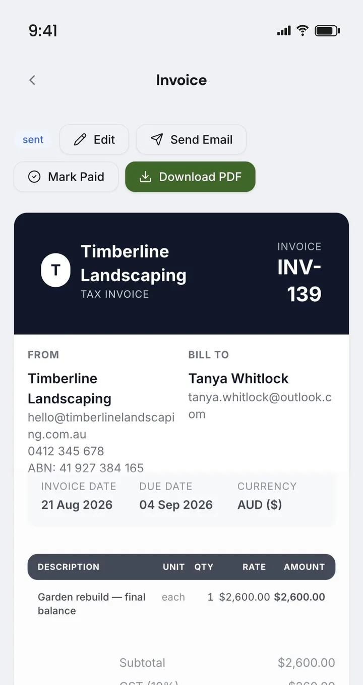 A Settle tax invoice on a phone: the business header, bill-to details, ABN, line items, GST and a Download PDF button