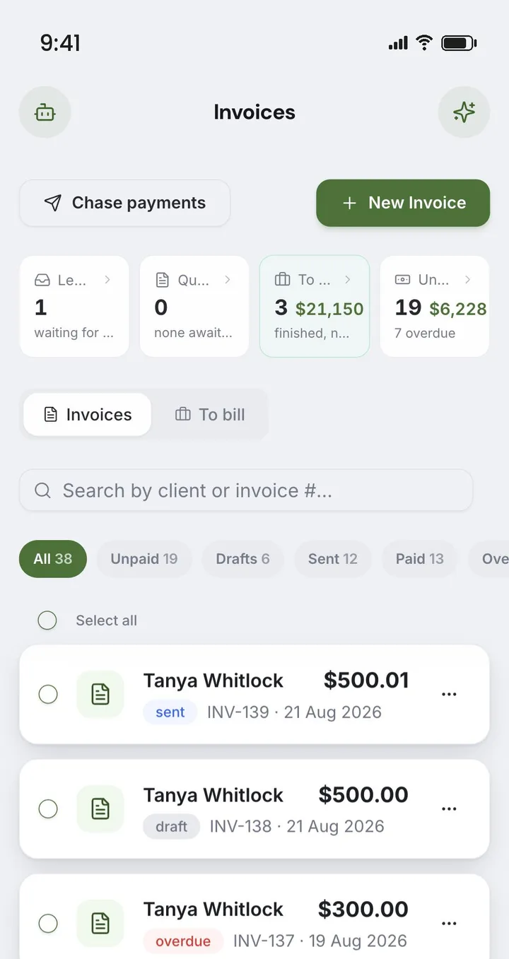 The Settle invoices screen on a phone: money tiles for leads, quotes out, to bill and unpaid, then invoices marked sent, draft, overdue and paid