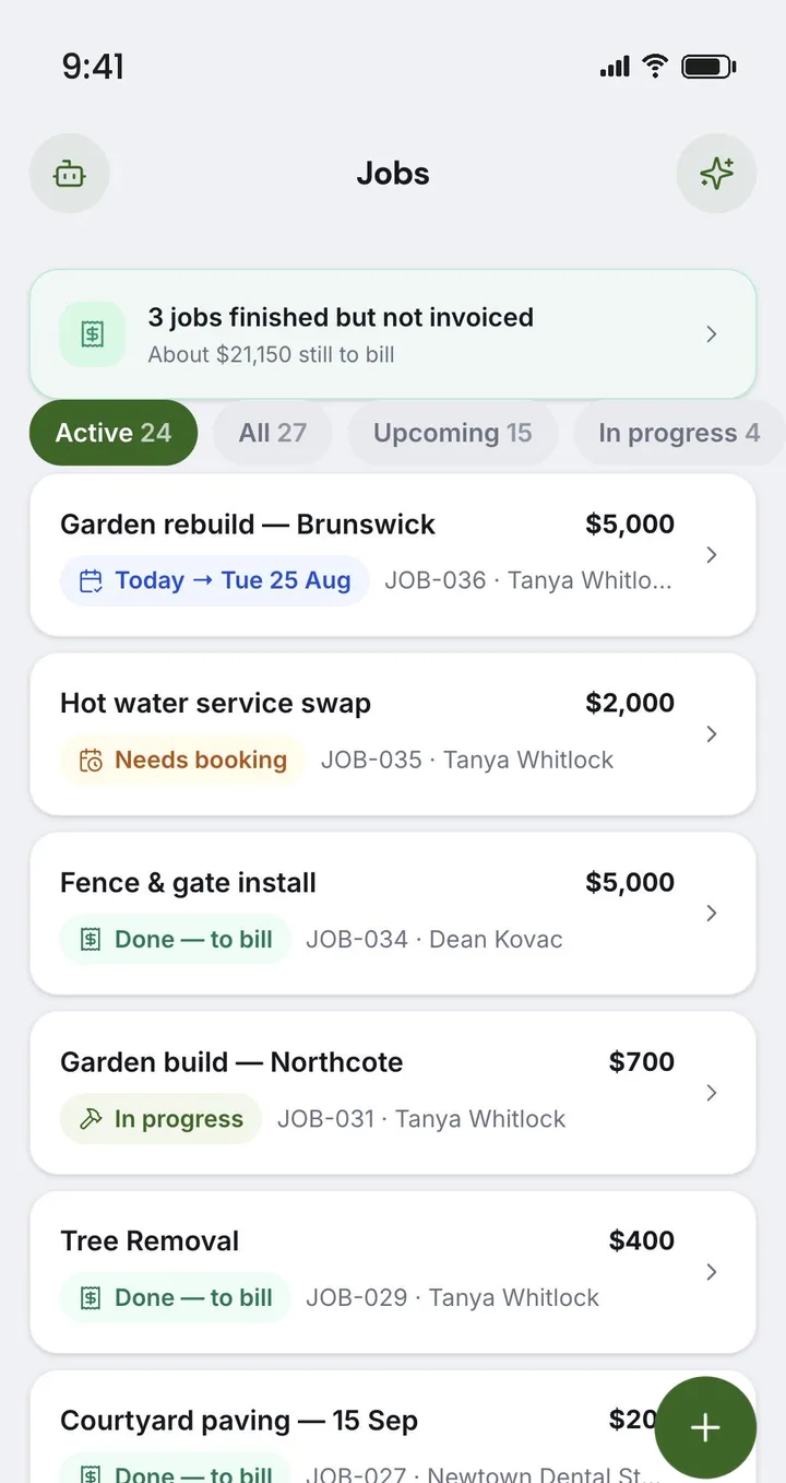 The Settle jobs list on a phone: three jobs finished but not invoiced, then each job with its status, number, value and client