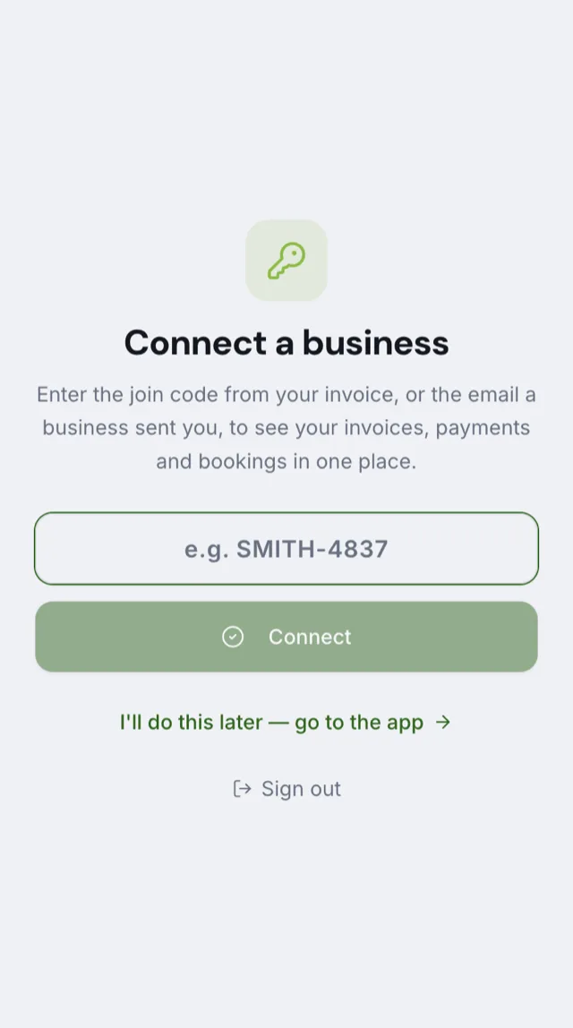 The Settle client portal on a phone: connect with a join code, then quotes, invoices and what is left of the agreed price