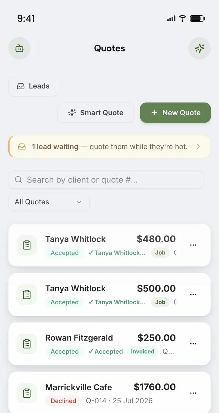 The Settle quotes screen on a phone: a lead waiting, quotes marked Accepted, Declined and Invoiced, and the Smart quote button