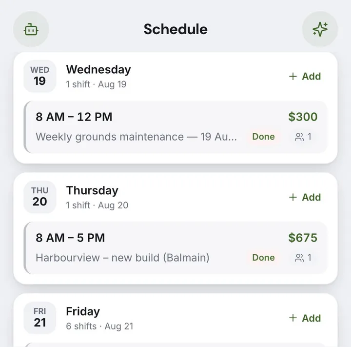 The Settle schedule on a phone: shifts for Wednesday, Thursday and Friday with times, the job, who is going and the value of each